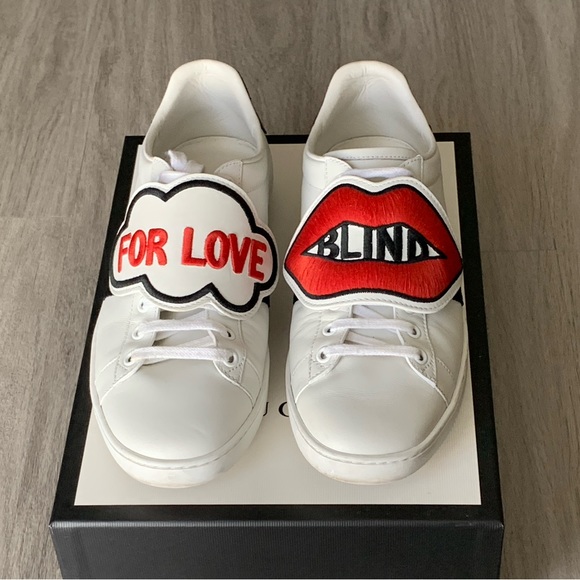 Gucci Ace Blind For Love With Removable Patches Leather Sneaker Size US 8,5 - Picture 1 of 14